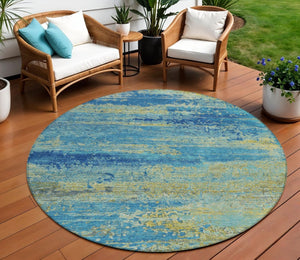 HomeRoots 8' Modern Round Area Rug in Navy, Sky Blue & Olive Green - Stylish, Washable, Indoor/Outdoor Use 620715