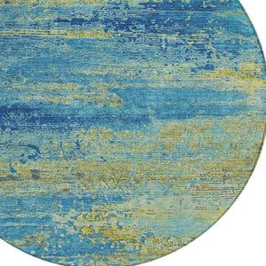 HomeRoots 8' Modern Round Area Rug in Navy, Sky Blue & Olive Green - Stylish, Washable, Indoor/Outdoor Use 620715
