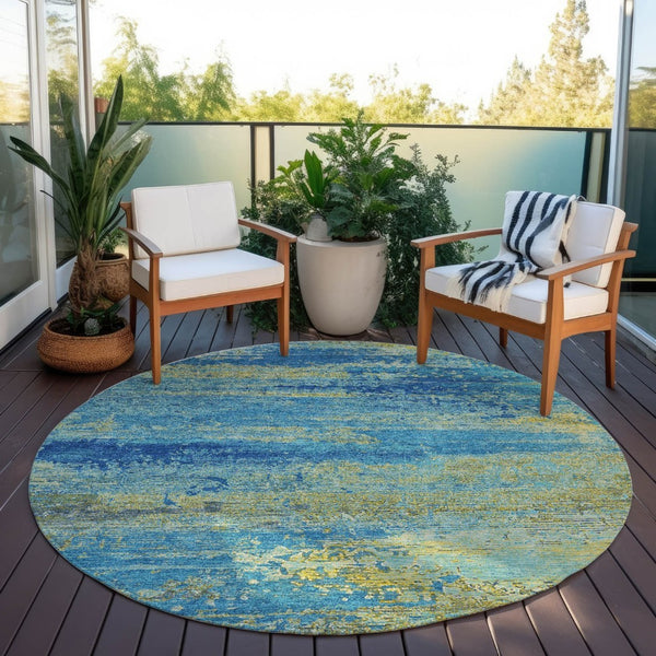 HomeRoots 8' Modern Round Area Rug in Navy, Sky Blue & Olive Green - Stylish, Washable, Indoor/Outdoor Use 620715