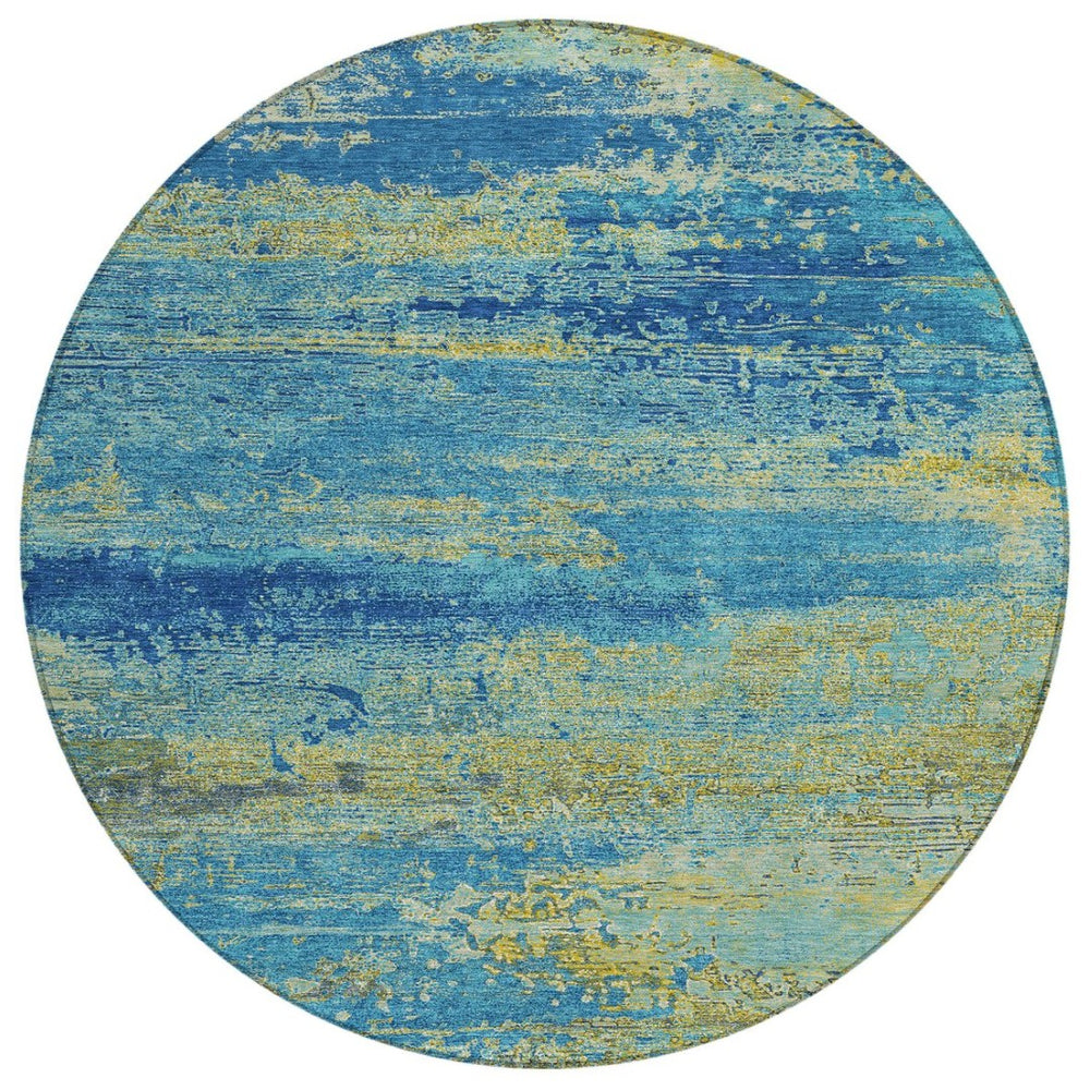 HomeRoots 8' Modern Round Area Rug in Navy, Sky Blue & Olive Green - Stylish, Washable, Indoor/Outdoor Use 620715