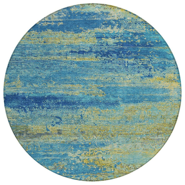 HomeRoots 8' Modern Round Area Rug in Navy, Sky Blue & Olive Green - Stylish, Washable, Indoor/Outdoor Use 620715