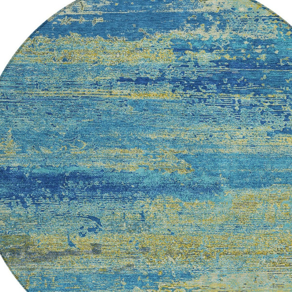 HomeRoots 8' Modern Round Area Rug in Navy, Sky Blue & Olive Green - Stylish, Washable, Indoor/Outdoor Use 620715