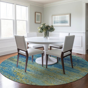 HomeRoots 8' Modern Round Area Rug in Navy, Sky Blue & Olive Green - Stylish, Washable, Indoor/Outdoor Use 620715