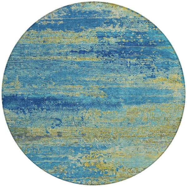 HomeRoots 8' Modern Round Area Rug in Navy, Sky Blue & Olive Green - Stylish, Washable, Indoor/Outdoor Use 620715