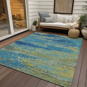 HomeRoots 8' Contemporary Abstract Area Rug in Navy & Olive Green - Washable, Durable for Indoor/Outdoor Use 620716