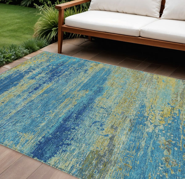 HomeRoots 9' X 12' Contemporary Abstract Area Rug in Navy, Sky Blue & Olive Green – Washable & Durable Design 620717