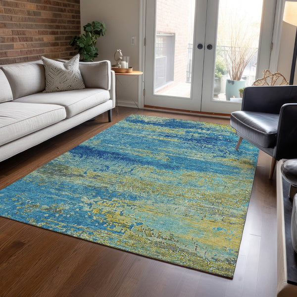 HomeRoots 9' X 12' Contemporary Abstract Area Rug in Navy, Sky Blue & Olive Green – Washable & Durable Design 620717