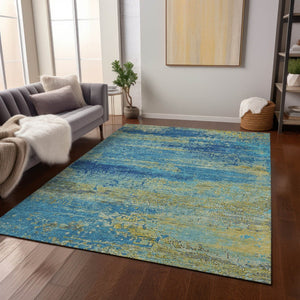 HomeRoots 9' X 12' Contemporary Abstract Area Rug in Navy, Sky Blue & Olive Green – Washable & Durable Design 620717