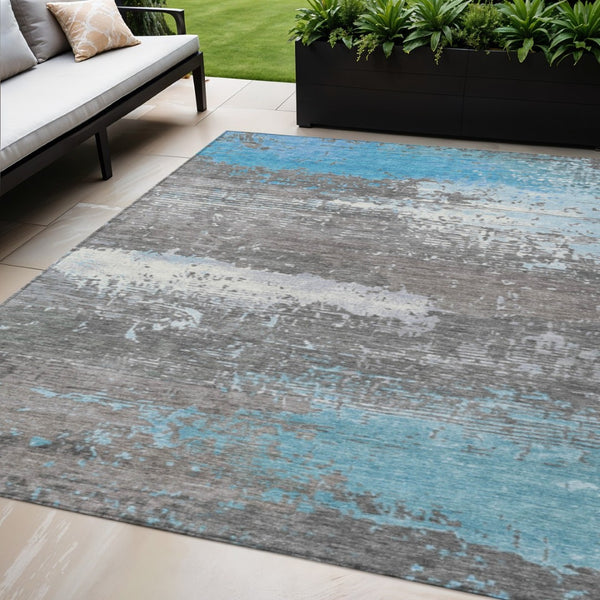 HomeRoots 5' X 8' Vibrant Teal Blue Gray Silver Abstract Washable Area Rug - Stylish Indoor & Outdoor Use 620720