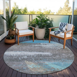 HomeRoots 8' Round Abstract Teal Blue Gray Silver Area Rug – Washable, Durable & Stylish for Indoor/Outdoor Use 620721