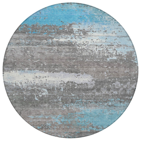 HomeRoots 8' Round Abstract Teal Blue Gray Silver Area Rug – Washable, Durable & Stylish for Indoor/Outdoor Use 620721