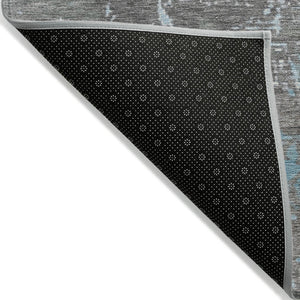 HomeRoots 8' Round Abstract Teal Blue Gray Silver Area Rug – Washable, Durable & Stylish for Indoor/Outdoor Use 620721