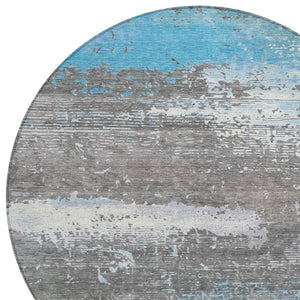 HomeRoots 8' Round Abstract Teal Blue Gray Silver Area Rug – Washable, Durable & Stylish for Indoor/Outdoor Use 620721