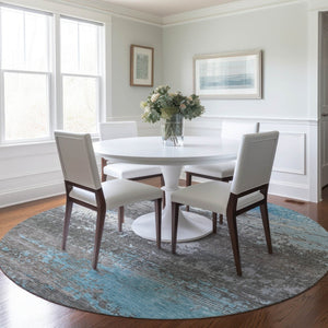 HomeRoots 8' Round Abstract Teal Blue Gray Silver Area Rug – Washable, Durable & Stylish for Indoor/Outdoor Use 620721