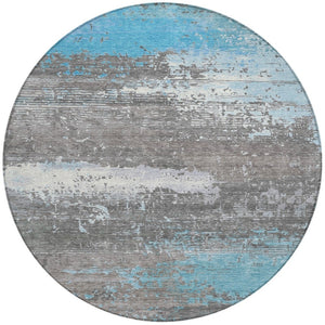 HomeRoots 8' Round Abstract Teal Blue Gray Silver Area Rug – Washable, Durable & Stylish for Indoor/Outdoor Use 620721