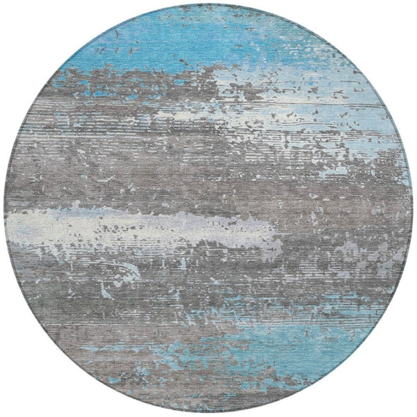 HomeRoots 8' Round Abstract Teal Blue Gray Silver Area Rug – Washable, Durable & Stylish for Indoor/Outdoor Use 620721