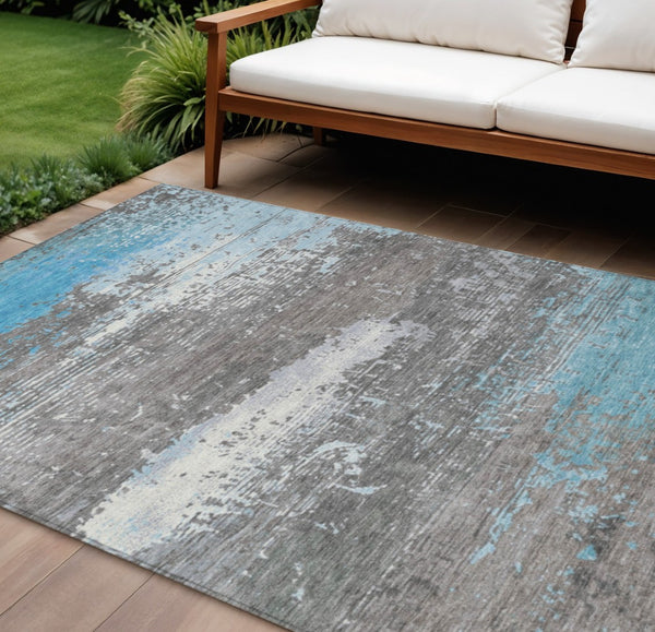 HomeRoots 10' Teal Blue Gray Silver Abstract Washable Area Rug - Durable Indoor Outdoor Design for Any Space 620724