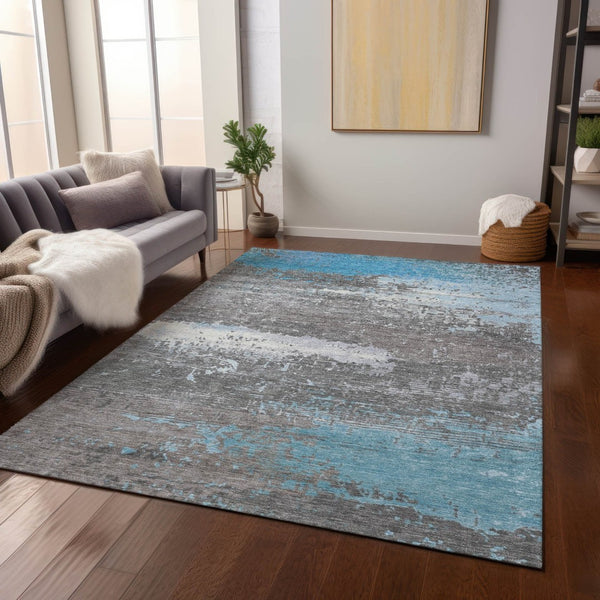 HomeRoots 10' Teal Blue Gray Silver Abstract Washable Area Rug - Durable Indoor Outdoor Design for Any Space 620724