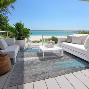 HomeRoots 10' Teal Blue Gray Silver Abstract Washable Area Rug - Durable Indoor Outdoor Design for Any Space 620724