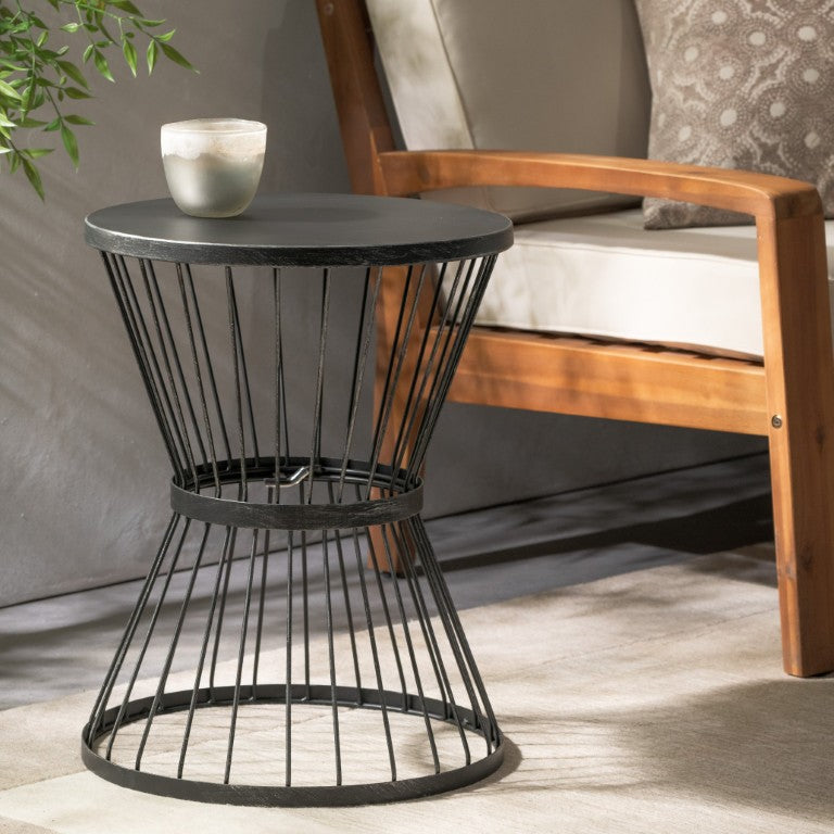 English Elm Lassen Sculptural Outdoor Side Table with Open Cage Hourglass Frame for Patio Lounging 62073.00BLK