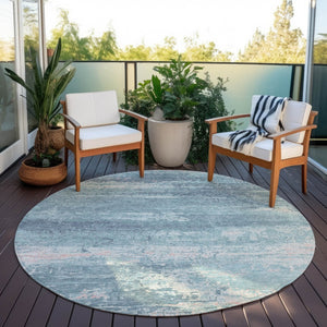 HomeRoots 8' Teal Blue Round Abstract Rug - Durable, Washable, Indoor/Outdoor, Stain Resistant for High Traffic Areas 620733