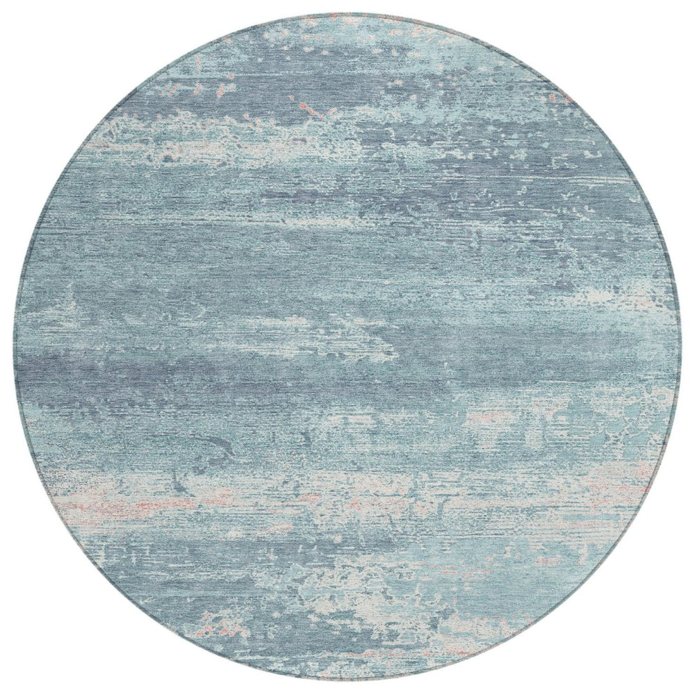 HomeRoots 8' Teal Blue Round Abstract Rug - Durable, Washable, Indoor/Outdoor, Stain Resistant for High Traffic Areas 620733