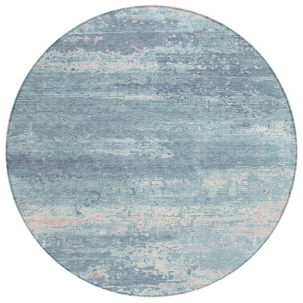 HomeRoots 8' Teal Blue Round Abstract Rug - Durable, Washable, Indoor/Outdoor, Stain Resistant for High Traffic Areas 620733