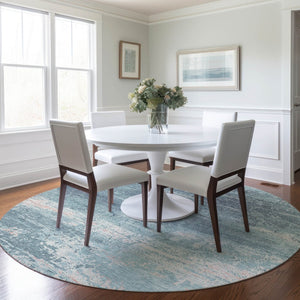 HomeRoots 8' Teal Blue Round Abstract Rug - Durable, Washable, Indoor/Outdoor, Stain Resistant for High Traffic Areas 620733
