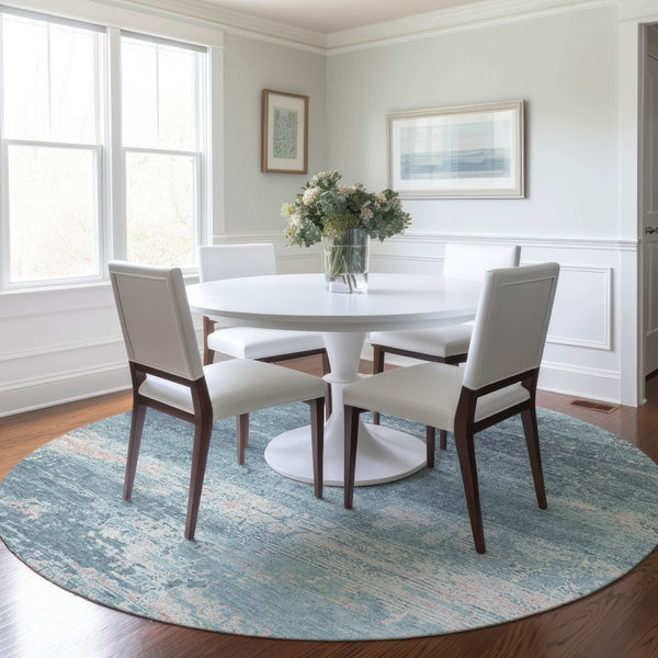 HomeRoots 8' Teal Blue Round Abstract Rug - Durable, Washable, Indoor/Outdoor, Stain Resistant for High Traffic Areas 620733