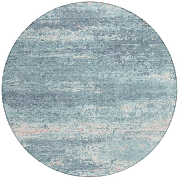 HomeRoots 8' Teal Blue Round Abstract Rug - Durable, Washable, Indoor/Outdoor, Stain Resistant for High Traffic Areas 620733