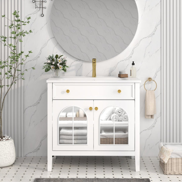 English Elm 35.6" Freestanding Bathroom Vanity with Roman Column Base and Ceramic Integrated Sink White W1801S00001