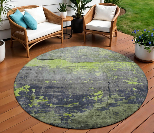 HomeRoots 8' Round Abstract Area Rug in Lime Green, Gray & Silver – Durable, Washable, Indoor & Outdoor Style 620775