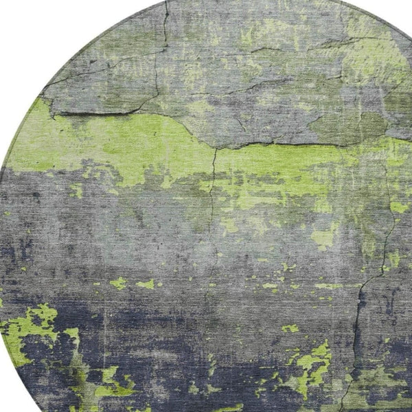 HomeRoots 8' Round Abstract Area Rug in Lime Green, Gray & Silver – Durable, Washable, Indoor & Outdoor Style 620775