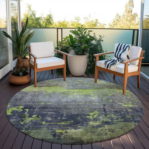 HomeRoots 8' Round Abstract Area Rug in Lime Green, Gray & Silver – Durable, Washable, Indoor & Outdoor Style 620775