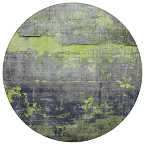 HomeRoots 8' Round Abstract Area Rug in Lime Green, Gray & Silver – Durable, Washable, Indoor & Outdoor Style 620775