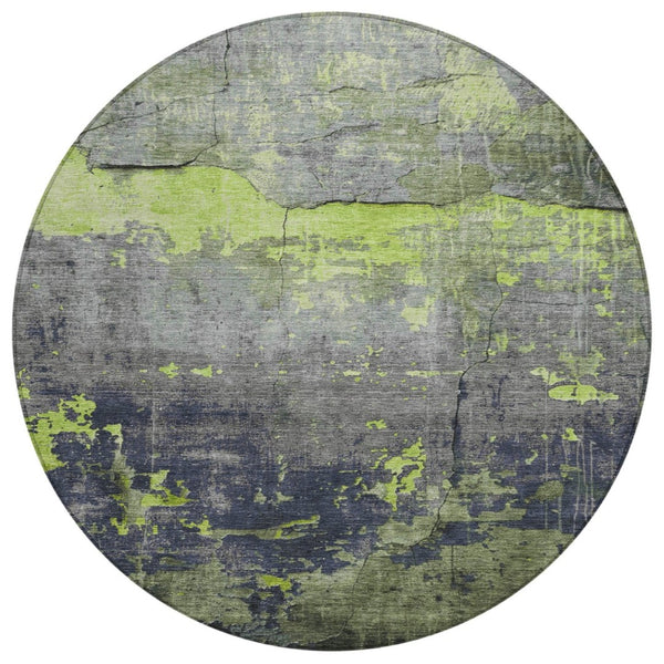 HomeRoots 8' Round Abstract Area Rug in Lime Green, Gray & Silver – Durable, Washable, Indoor & Outdoor Style 620775