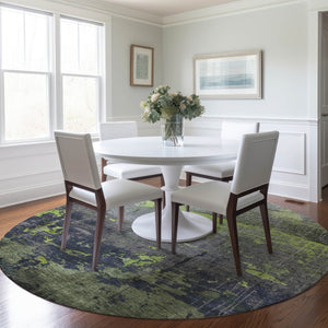 HomeRoots 8' Round Abstract Area Rug in Lime Green, Gray & Silver – Durable, Washable, Indoor & Outdoor Style 620775