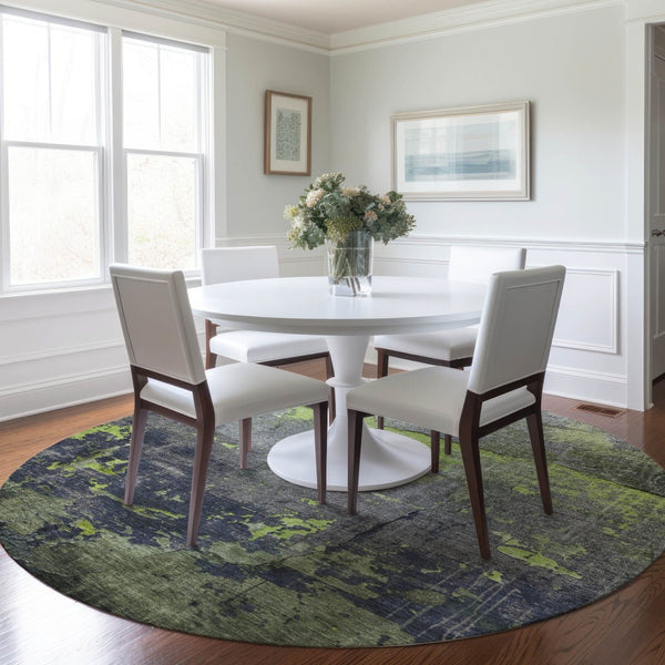 HomeRoots 8' Round Abstract Area Rug in Lime Green, Gray & Silver – Durable, Washable, Indoor & Outdoor Style 620775