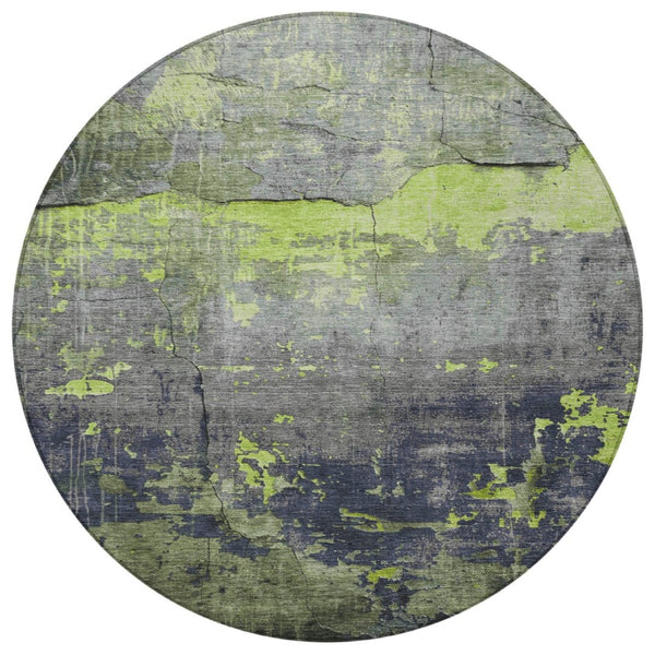 HomeRoots 8' Round Abstract Area Rug in Lime Green, Gray & Silver – Durable, Washable, Indoor & Outdoor Style 620775