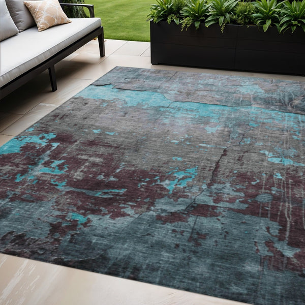 HomeRoots 5' Abstract Washable Area Rug in Teal, Blue, Gray & Taupe - Indoor/Outdoor, Stain-Resistant Design! 620786