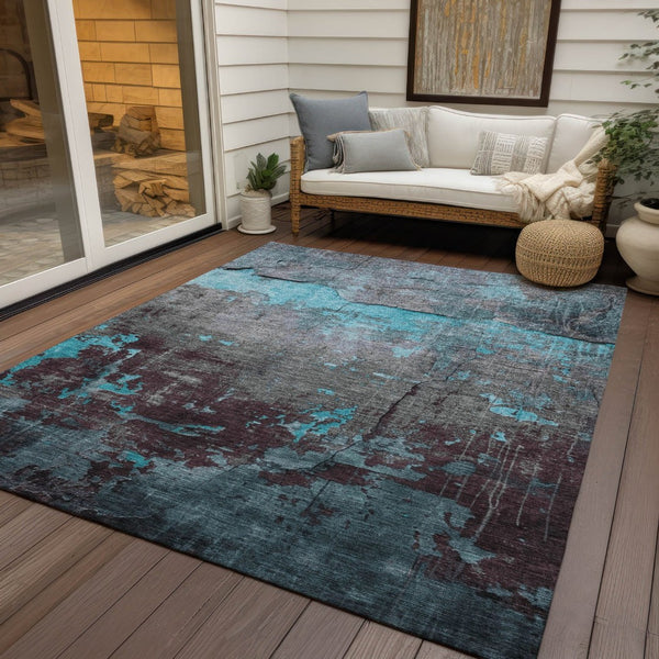 HomeRoots 5' Abstract Washable Area Rug in Teal, Blue, Gray & Taupe - Indoor/Outdoor, Stain-Resistant Design! 620786
