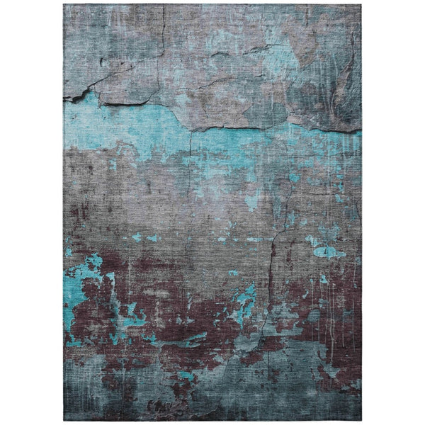 HomeRoots 5' Abstract Washable Area Rug in Teal, Blue, Gray & Taupe - Indoor/Outdoor, Stain-Resistant Design! 620786