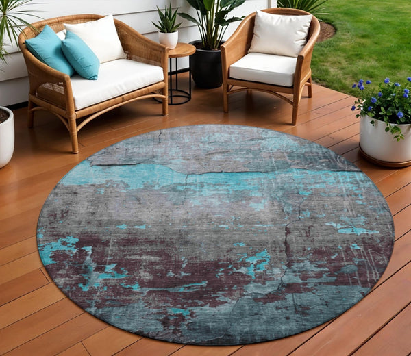 HomeRoots 8' Teal Blue Gray Taupe Round Abstract Rug - Durable, Washable, Stylish for Indoor & Outdoor Spaces 620787