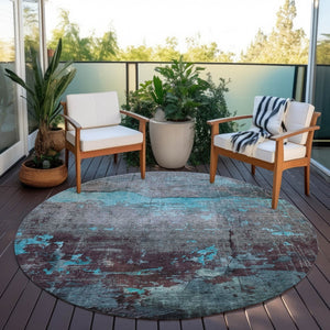 HomeRoots 8' Teal Blue Gray Taupe Round Abstract Rug - Durable, Washable, Stylish for Indoor & Outdoor Spaces 620787