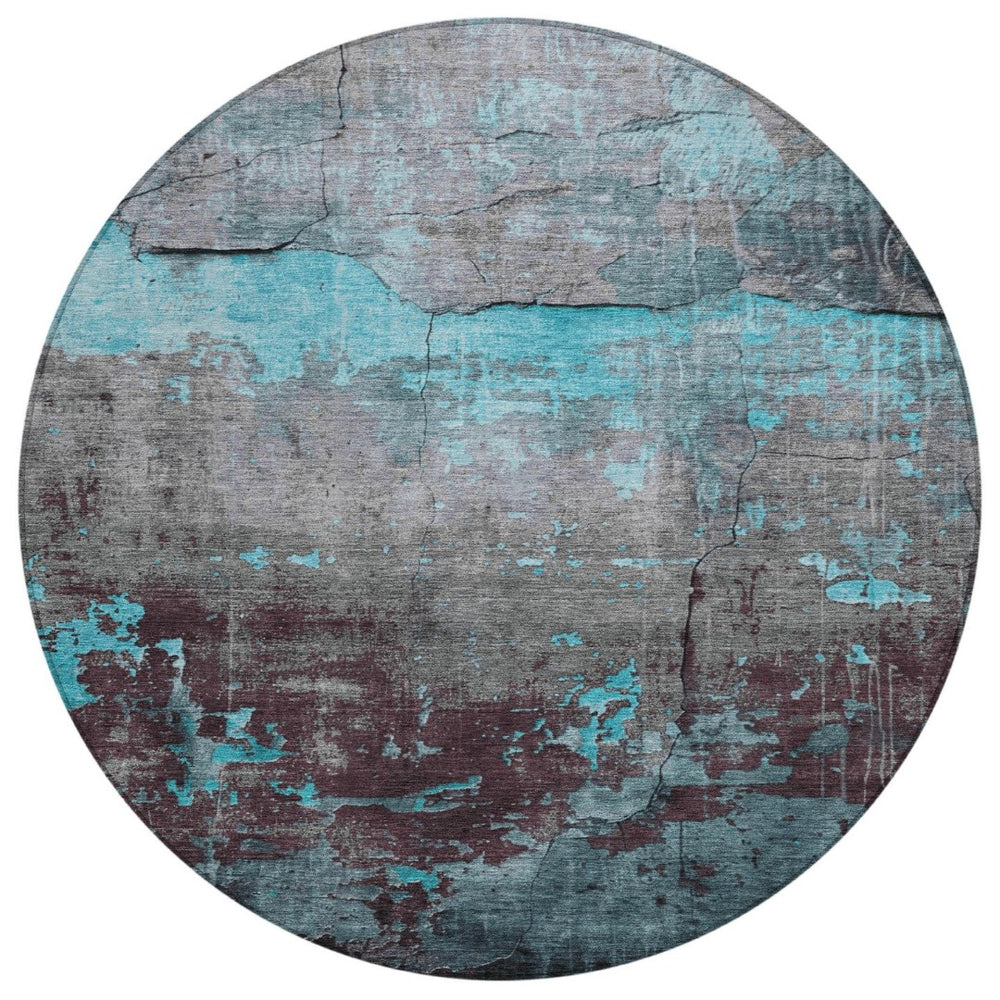 HomeRoots 8' Teal Blue Gray Taupe Round Abstract Rug - Durable, Washable, Stylish for Indoor & Outdoor Spaces 620787