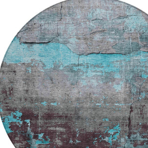 HomeRoots 8' Teal Blue Gray Taupe Round Abstract Rug - Durable, Washable, Stylish for Indoor & Outdoor Spaces 620787