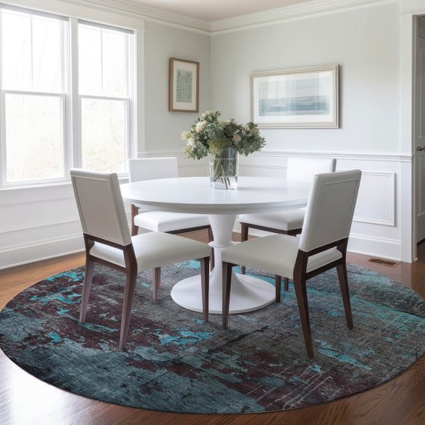 HomeRoots 8' Teal Blue Gray Taupe Round Abstract Rug - Durable, Washable, Stylish for Indoor & Outdoor Spaces 620787