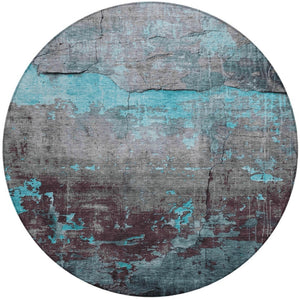 HomeRoots 8' Teal Blue Gray Taupe Round Abstract Rug - Durable, Washable, Stylish for Indoor & Outdoor Spaces 620787