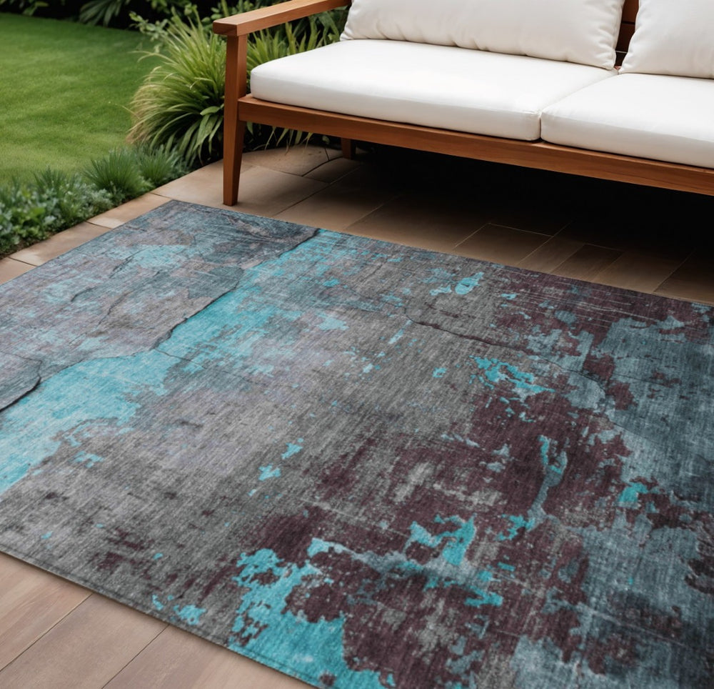HomeRoots 10' Modern Teal Blue Gray Abstract Washable Area Rug for Indoor & Outdoor Use – Durable & Stylish! 620790