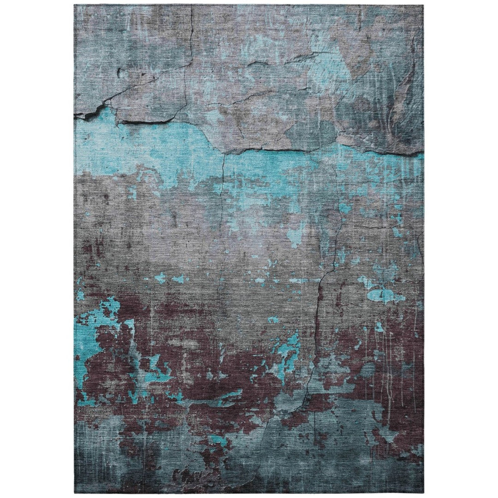 HomeRoots 10' Modern Teal Blue Gray Abstract Washable Area Rug for Indoor & Outdoor Use – Durable & Stylish! 620790